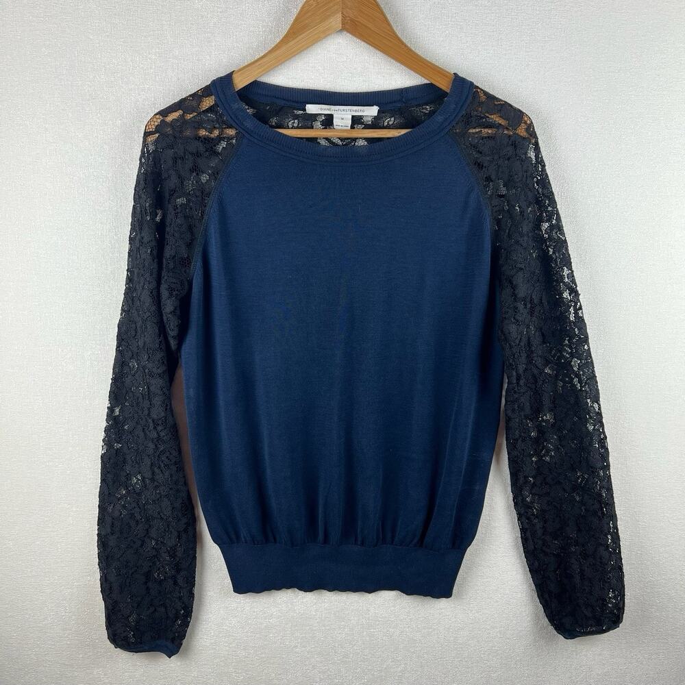 Diane Von Furstenberg Women’s Size M Blue With Black Lace Silk Blend Avani Top